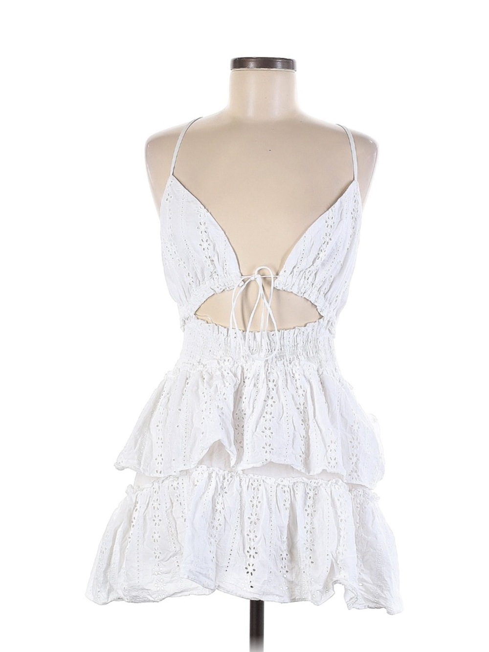 MARBLE White Eyelet Tie-Front Tiered Mini Dress